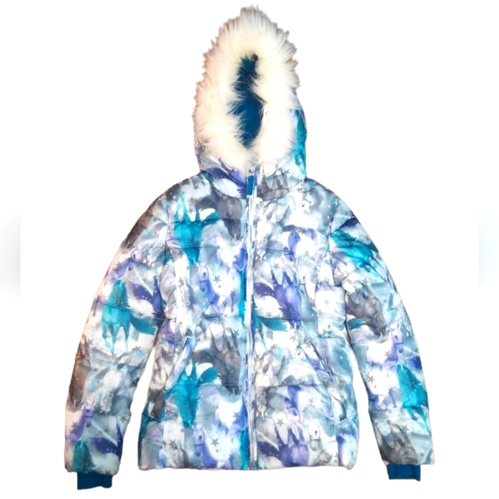 Girls Faux Fur Puffer Coat Jacket Horse Print